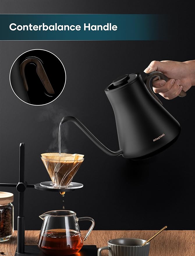 Electric Kettle, Gooseneck Electric Kettle, ±1℉ Precise Temperature Control, Stainless Steel Interior, Quick Heating for Pour Over Coffee, Tea & Boiling Water, 0.9L (Matte Black)