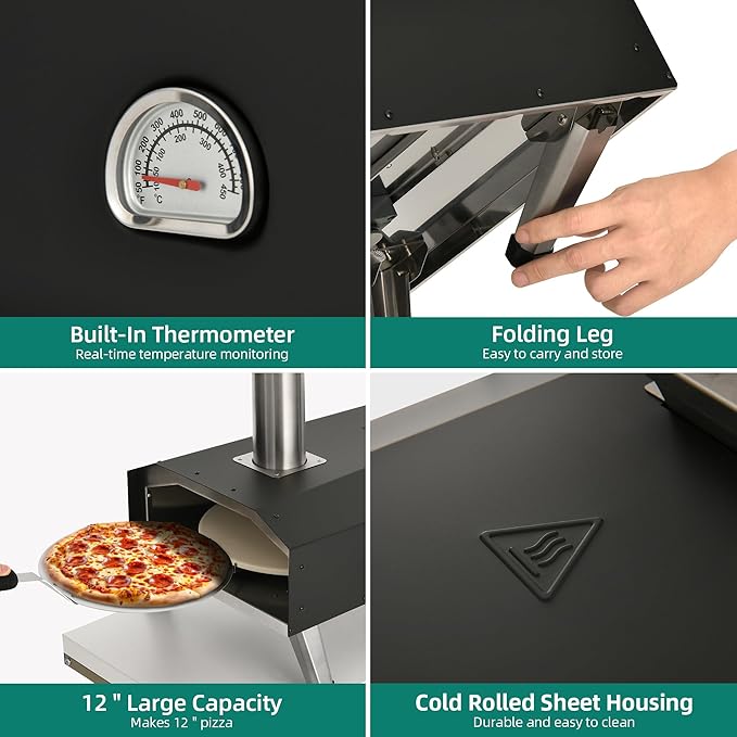 YITAHOME 12" Pizza Oven Outdoor, Wood Pellet Pizza Ovens with Rotating and Built-in Thermometer, Outside Pizza Stove with Peel, Stone and Recipes for Backyard Party Christmas Gifts
