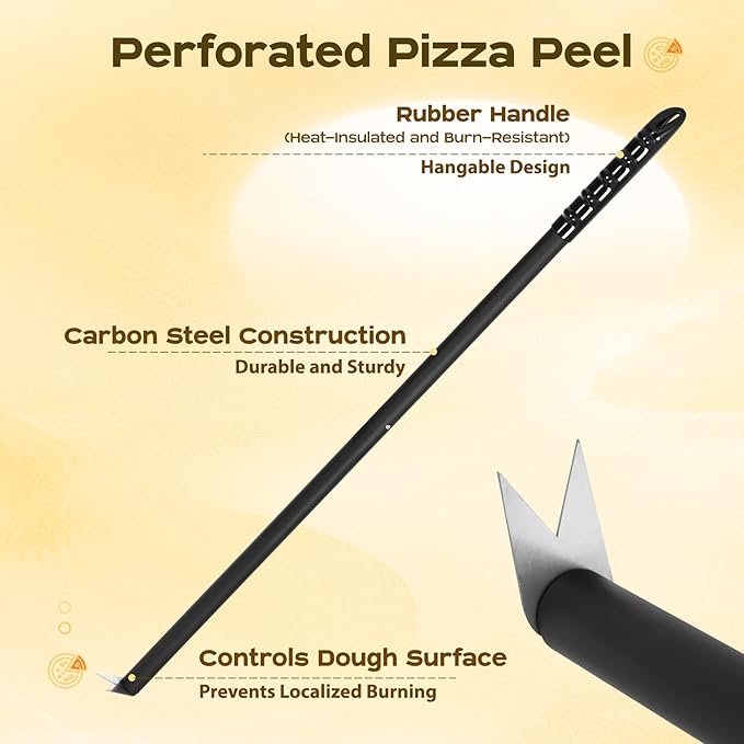 5-Piece Pizza Oven Kit, 9 Inch Turning Peel & 12 Inch Perforated Pizza Peel with 40 Inch Aluminum Handle, Pizza Oven Brush, Ash Rake, Pizza Fork for Home & Commercial Use