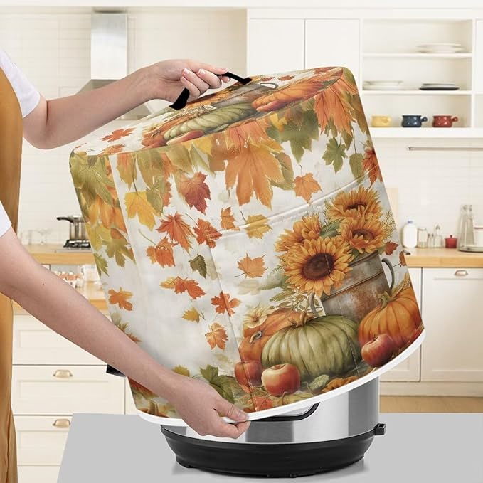Fall Decor Stain-resistant Pressure Cooker Dust Cover Accessories for 6 Quart, Kitchen Appliance Air Fryer Rice Cooker Cover with Top Handle and Storage Pocket Sunflower Pumpkins