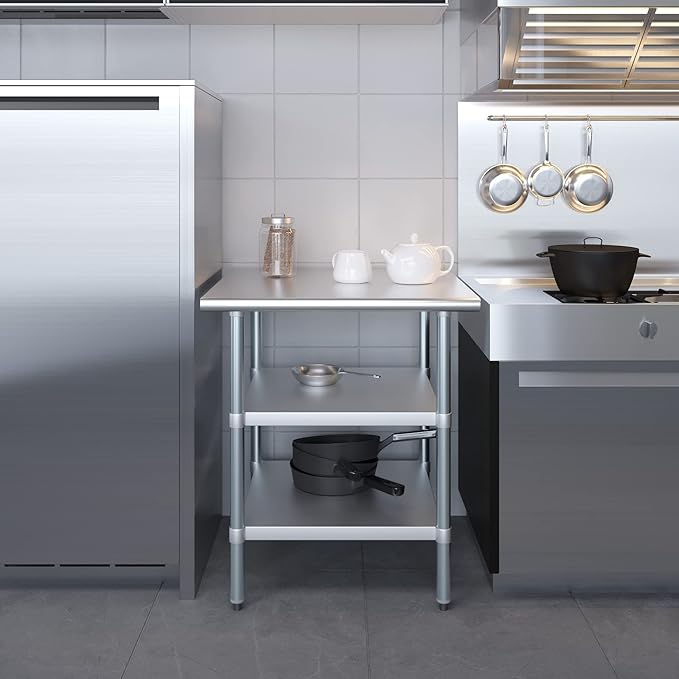 AmGood Stainless Steel Work Table with 2 Shelves | NSF | Metal Utility Table (30" Long x 30" Deep)