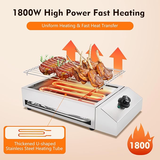 Electric Grill, 1800W Commercial Electric Countertop BBQ Grill with Adjustable Temperature Range & Practical Tray, Portable Non-Stick Barbecue Griddle Rack for Indoor Outdoor Picnic
