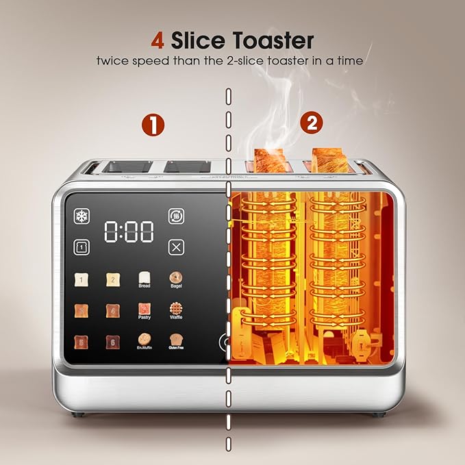 Smart Toaster 4 Slice Wide Slot– Dual Digital TouchScreen & Independent Control for Family | 1800W Stainless Steel for 6 Bread Types & Toast Settings | Defrost Reheat & Single-Slice Modes