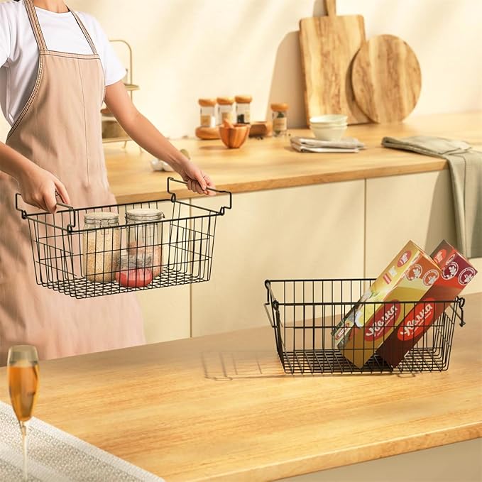 SANNO Freezer Basket Stackable Wire Baskets For Pantry Storage and Organization Pantry Storage Bins With Handles Sturdy Metal Food Baskets Pantry Organized,set of 8,Black