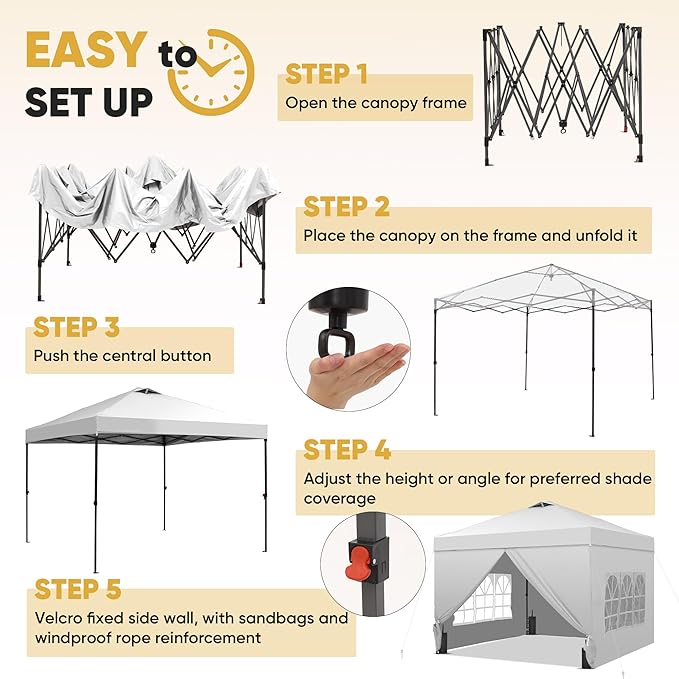 Saemoza 10x10 Pop Up Canopy Tent with One Push Setup, Portable Sun Shade Tent, Instant Easy Up Canopy with 4-Sidewalls & Handbag, Outdoor Fldable Gazebo with Vent Top, White.
