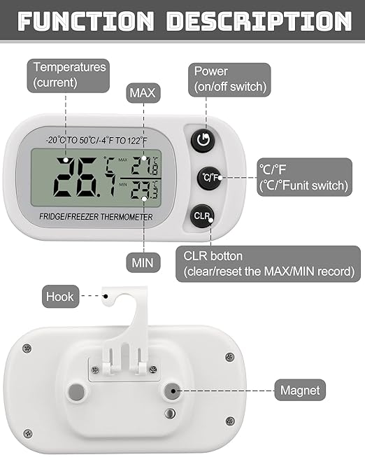 Frienda 8 Pack White Digital Fridge Thermometer Waterproof Refrigerator and Freezer Room Max/min Record Function LCD Screen Refrigerator Thermometer with Hook and Magnetic Back for Home