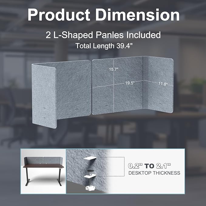 Desk Privacy Panel,2PCS L-Shaped Clamp-On Office Desk Divider,2-in-1 Adjustable Acoustic Desktop Partition Or Under Desk Modesty Screen,for Office,Home,Felt (Grey, 39.4" x 15.7")