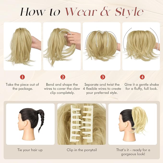 Sofeiyan Claw Clip Short Ponytail Extension DIY Bendable Wires Hair Bun Fluffy Fake Hair Piece Straight Synthetic Hair Ponytail Extensions for Wonen - Ash Blonde