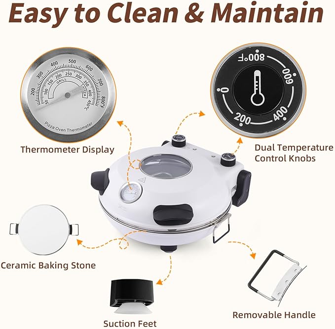 12" Electric Pizza Oven - Countertop Pizza Maker with Ceramic Stone, Heats up to 800°F, Portable Indoor Pizza Oven for Homemade Pizzas, White