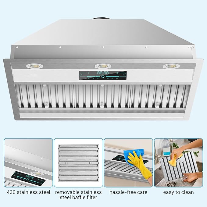 Range Hood 30 Inch Insert, 950 CFM Kitchen Hood with 4-Speed Exhaust Fan,Smart Remote/Gesture/Touch Control, Stainless Steel Vent Hood with 3W Dimmable LED Lights,Ducted/Ductless