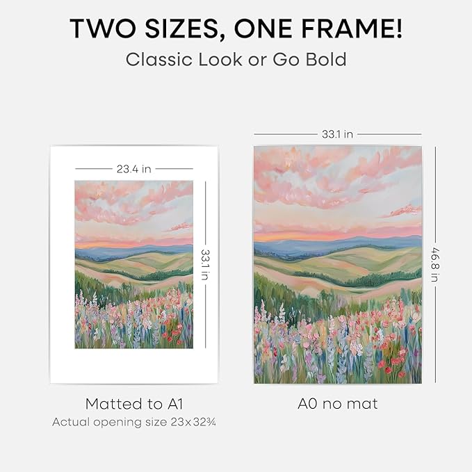 Homeforia A0 Poster Frame Silver, High End Metal A0 Large Picture Frame Silver with Mat A1 for Photo, 33.1x46.8 Frames Matted to 23.4x33.1 Print, 33.1 by 46.8 Frame, Tempered Glass, Wall Kit, Set of 2