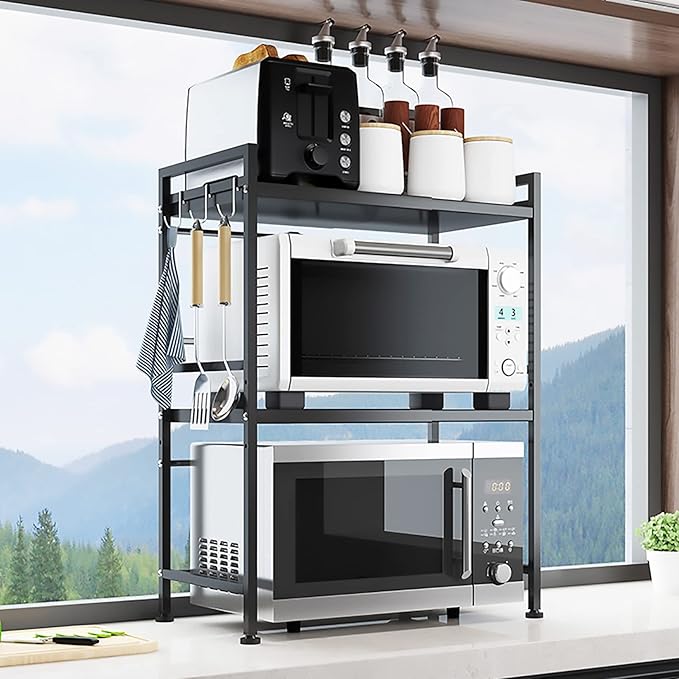 Microwave Storage Rack Microwave Oven Rack Kitchen Microwave Oven Rack Toaster Stand Kitchen Counter Shelf Expandable and Height Adjustable Steel Countertop Storage Shelf - Black/75Cm
