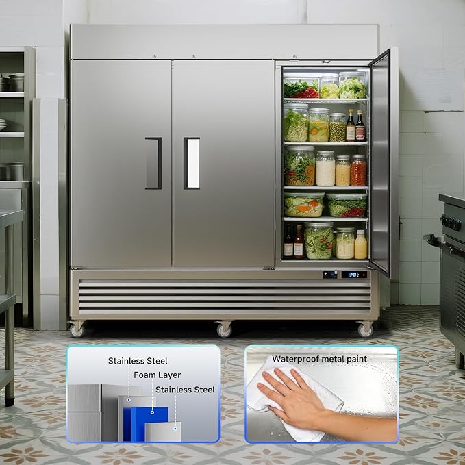 VEECOOL 72 cu.ft Commercial Refrigerator WiFi-Enabled, 82" Two Section Full Door Stainless Steel Reach in Refrigerator, LED Lighting, App and Digital Control, R290 Refrigerant, ETL&ETL Sanitation