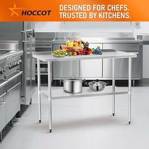 HOCCOT Stainless Steel Table 30" x 48" with Adjustable Undershelf and Backsplash, Commercial Metal Workstations for Kitchen, Garage, Outdoor BBQ