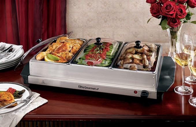 Elite Gourmet EWM-6171# Triple 3 x 2.5 Qt. Trays, Buffet Server, Food Warmer Temperature Control, Clear Slotted Lids, Perfect for Parties, Entertaining & Holidays, 7.5 Qt Total, Stainless Steel