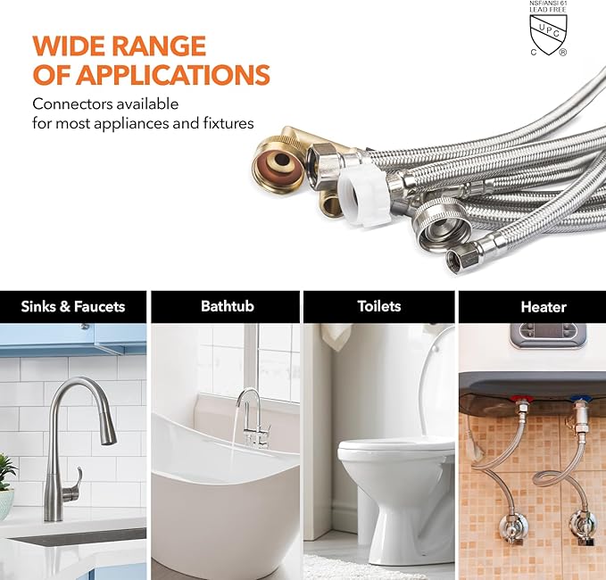 Stainless Steel Braided Water Connectors with Reinforced PVC Inner Hose for Toilets, 3/8" Compression x 7/8" Ballcock, 20" Length (5Pack)