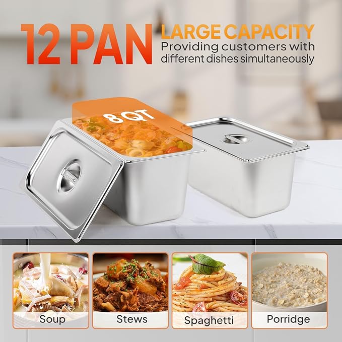 ROVSUN 96QT 1500W Electric Commercial Food Warmer, 12-Pan Steam Table 8QT/Pan Stainless Steel Bain Marie w/Acrylic Shield Overshelf Undershelf Temperature Control & Lid for Buffet Restaurant 110V