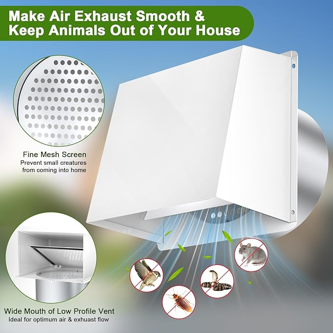 6 Inch Hooded Wall Vent Cover, Dryer Wall Vent Cover Outside with Screen & Damper, Wall Exhaust Vent Cover, Outdoor Air Vent Cap for Range Hoods/Kitchen/Bathroom/Laundry/Basements/Garages, White
