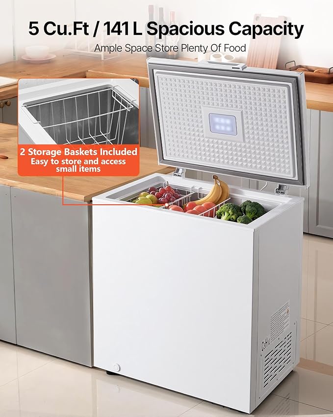 VEVOR Chest Freezer, 5 Cu.ft Compact Deep Freezer, Free Standing Top Open Door Chest Freezers with 2 Removable Baskets & Adjustable Thermostat - Energy Saving, Low Noise & Garage Ready, White