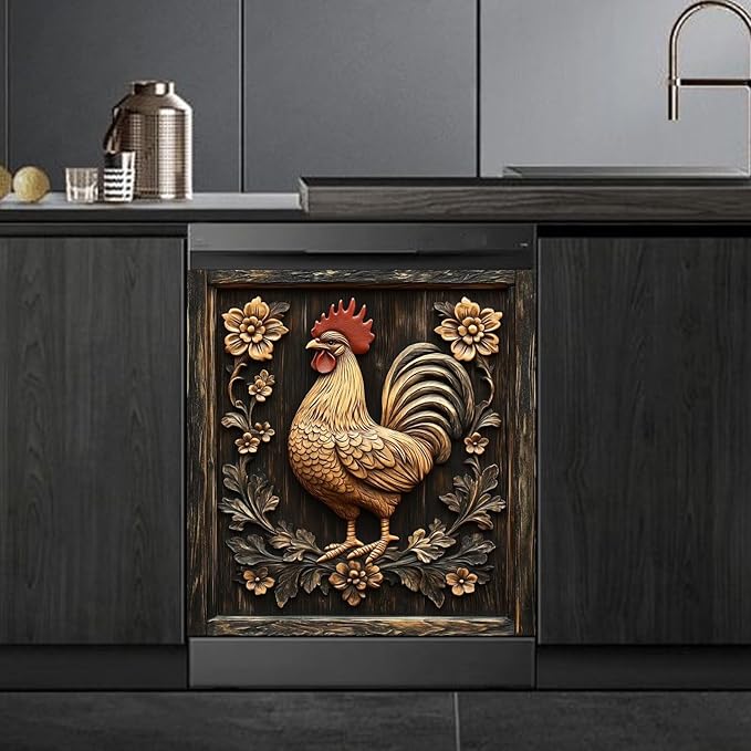 Rustic Farmhouse Rooster Dishwasher Magnet Cover,Vintage Rooster Wood Floral Magnetic Dishwasher Cover Vinyl Sticker,Fridge Door Cover Magnets Art Skin Panel Decal,Home Decor Decal,23"X26"