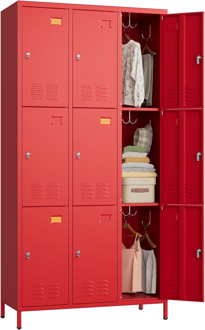 METAN Metal Locker for School Office Gym Bedroom,9 Doors Steel Storage Lockers Cabinet for Employees,Industrial Storage with Padlock,Assembly Required,Red