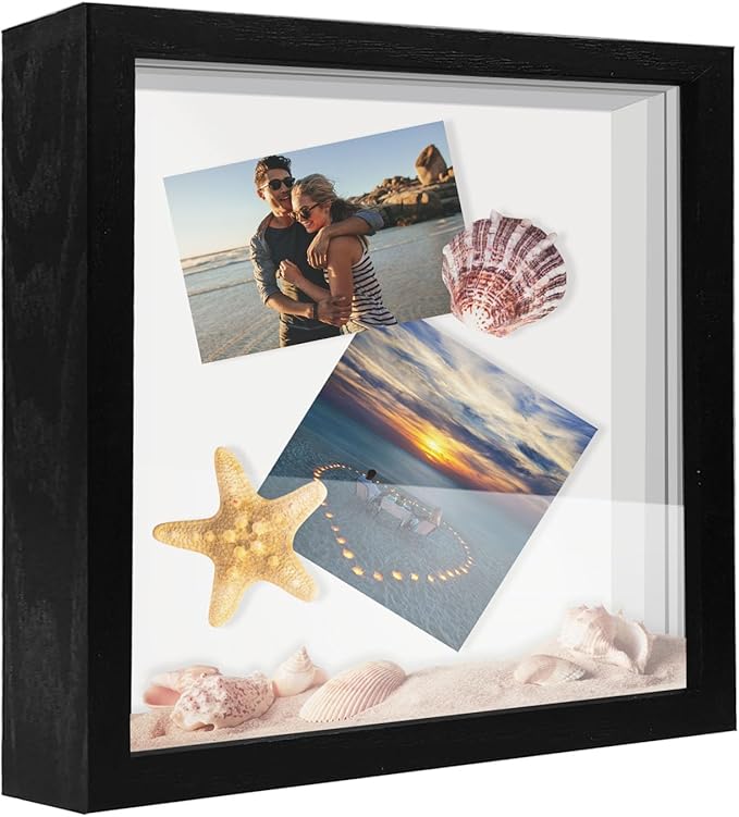 8x8 Shadow Box Frame Display Case, Wood with Plexiglass, Display Case Box for Memorabilia, Medal, Crafts,Tickets and Photos, Picture Frame for Wall and Tabletop (Black, 8x8)