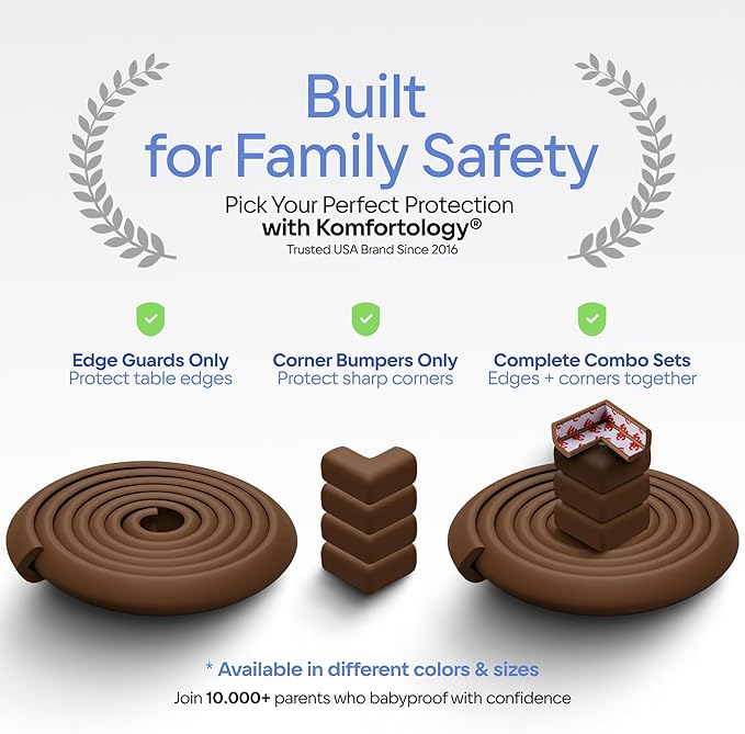 Furniture Edge 16.2ft & Corner Guards | Protective Foam Cushion | 15ft Bumper 4 Adhesive Childsafe Corners | Baby Child Proofing Foam Set and Safe for Table, Fireplace, Countertop | Brown