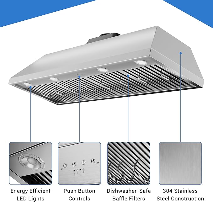 54-inch Range Hood Insert, CT Copper Tailor Built-In Vent Hood Ducted with 4-Speed Fan, 1260 CFM, LED Light, Dishwasher-safe Baffle Filter, in Stainless Steel