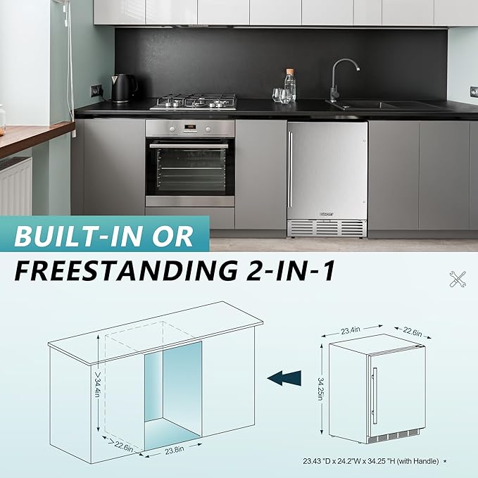 EUHOMY 24 Inch Beverage Refrigerator, Undercounter Beverage Fridge 180 Can with Stainless Steel Door for Home Patio, Beverage Cooler Built-in or Freestanding, outdoor refrigerator for Soda Beer Wine