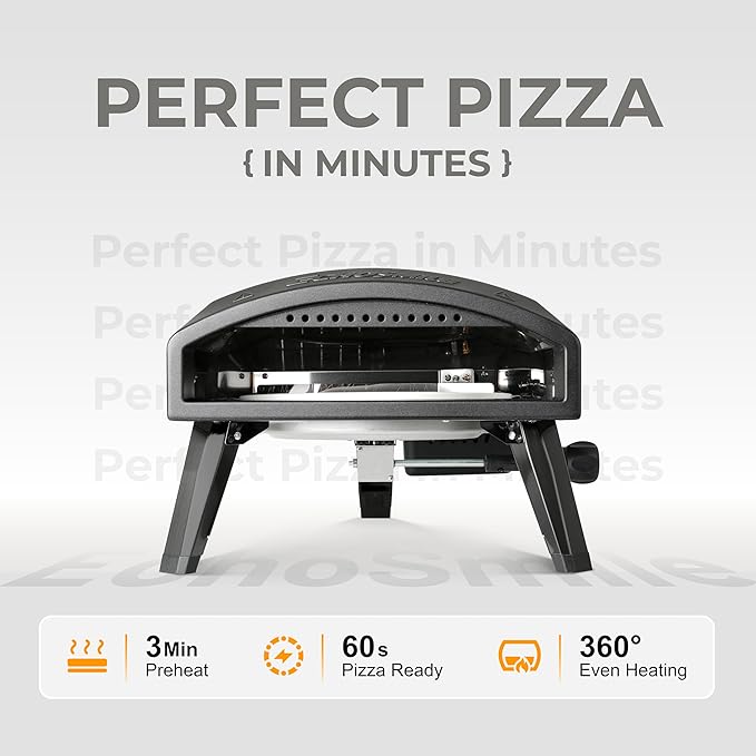 EchoSmile 12'' Gas Outdoor Pizza Oven, Propane Pizza Cooker Reaches 950°F, 60 Seconds Fast Cooking, Includes Gas Hose, Flame Control Knob, Extended Heat Handle, Black