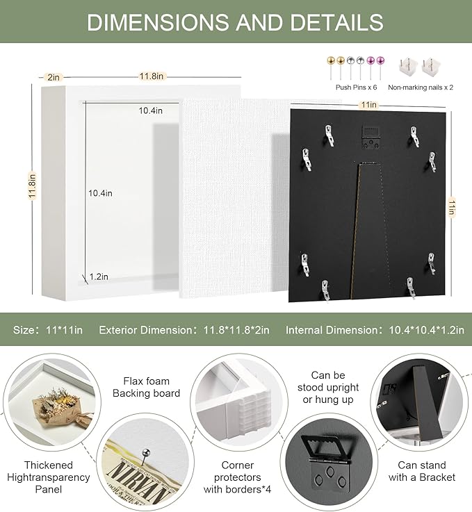 11x11 Shadow Box Display Case Picture Frame with Soft Linen Back, Deep White Shadow Box 11x11 for Flowers Medal Display Case Jersey pet Graduation Memorabilia Baby Ltems Crafts Photos