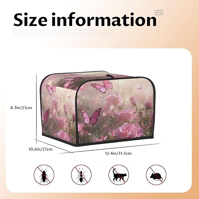 4 Slice Toaster Cover for Kitchen Spring Butterfly Rose Garden Waterproof and Dustproof Toaster Dust Cover with Side Pockets Decorative Universal Cover for Wide Slot Toasters and Small Appliances