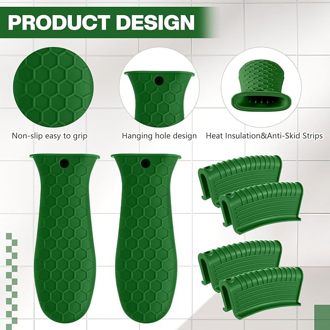 Patelai 8 Pcs Silicone Pot Holders Cast Iron Handle Cover Heat Resistant Pot Handle Covers Potholder Non Slip Reusable Pan Sleeve for Frying Pan Kitchen Supplies (Matcha Color)