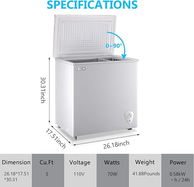 Chest Freezer 5.0 Cu.Ft Small Deep Freezer White Top Door Mini Freezer with Removable Basket, Low Noise, 7 Adjustable Temperature and Energy Saving Perfect for Home Garage Basement Dorm or Apartment