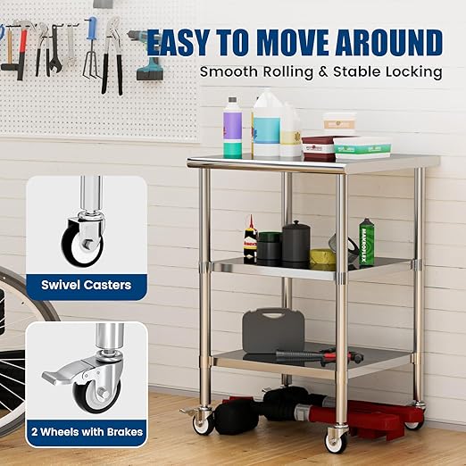 Stainless Steel Work Table with Wheels, 24x24 Inch NSF Kitchen Prep Table with 2 Adjustable Undershelves for Commercial Restaurant, Garage, Outdoor BBQ