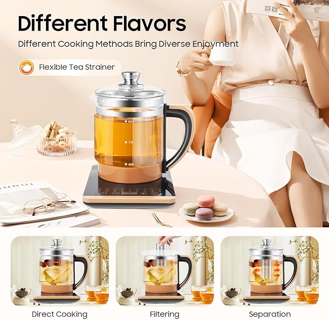 Health Pot Glass Electric Kettle for Tea & Coffee, Temperature Control Electric Kettle with Steamed Eggs Holder, 18 Smart Menu Health Pot Reservation & Timing Tea Infuser for Tea,002