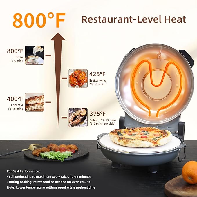 12" Electric Pizza Oven - Countertop Pizza Maker with Ceramic Stone, Heats up to 800°F, Portable Indoor Pizza Oven for Homemade Pizzas, Grey