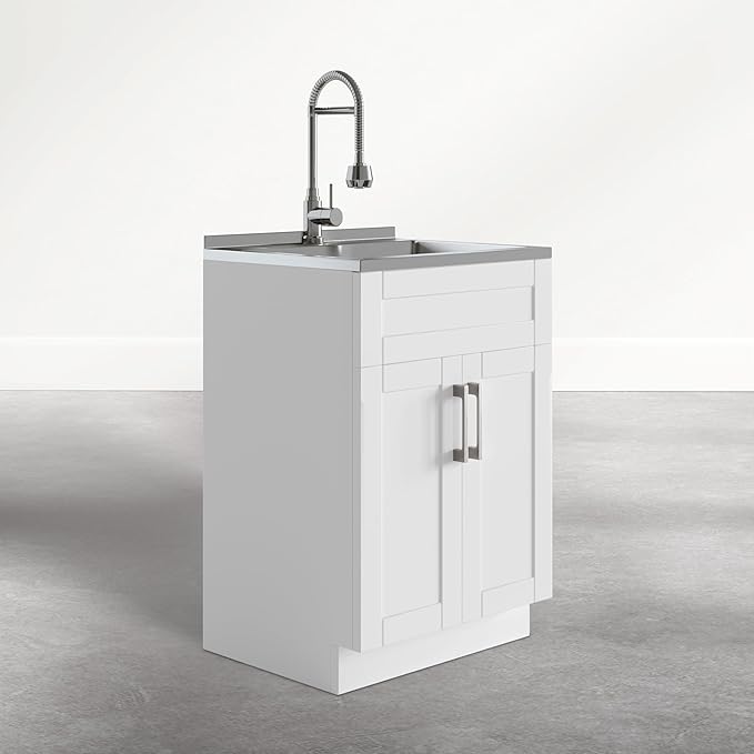 SIMPLIHOME Hennessy All-in-One 24 inch Wide Utility Sink and Laundry Cabinet in Glacier White Finish, Transitional Stainless Steel Sink Cabinet for Laundry Rooms with High-Arch Chrome Faucet