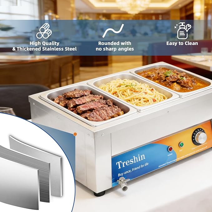 Treshin 3 Pan Commercial Food Warmer 21 Qt Capacity 1200W Stainless Steel Electrical Bain Marie Buffet Food Warmer Steam Table with Temperature Control & Lid for Home, Party, Catering, Restaurants