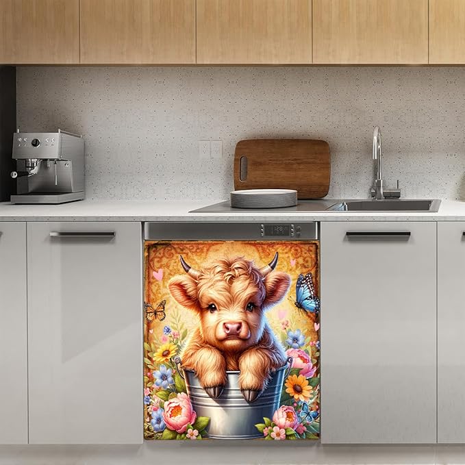 Vintage Alpine Cow Dishwasher Magnet Cover Vintage Alpine Cow Front Dishwasher Cover Decoration Reusable Magnetic Door Cover Panel Decal Home Appliances Stickers Kitchen Refrigerator 23"X26"