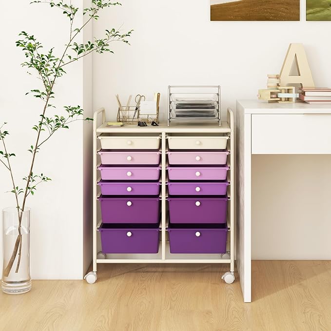 LDAILY 12 Drawer Rolling Storage Cart, Craft Cart Organizer on Wheels with Metal Frame, Large Capacity & Smooth Drawers for Living Room, Classroom, Office (Gradient Purple)