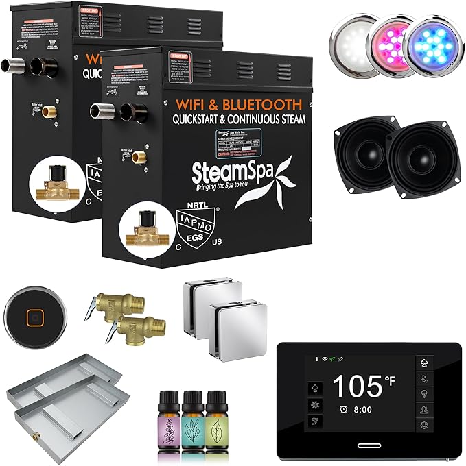 SteamSpa Steam System 24kW Steam Shower Generator with Bluetooth Wifi, Quickstart Continous Steam, Advanced Touch Pad Screen, Chroma Lights, Drain Pan and Auto Drain Chrome RVBS2400CH-A