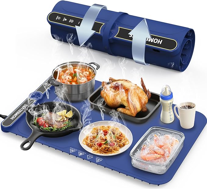 Food Warming Mat, Rapid Heating Electric Warming Tray with 9 Temp Setting and 6 Hours Timer,Foldable Warming Trays for Food, Portable Food Warmers for Parties Buffet, Blue