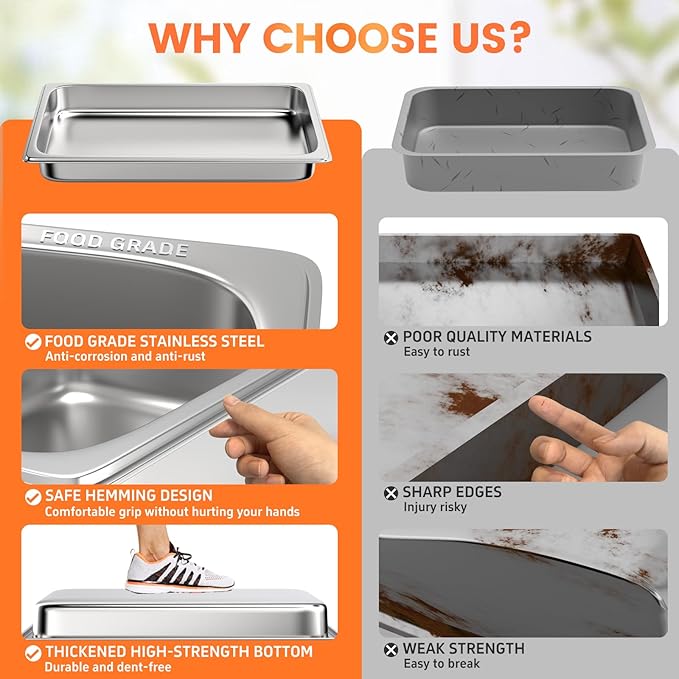 6 Pack Hotel Pans, 1/1 Full Size 2.5 Inch Deep Steam Table Pan, Stainless Steel Commercial Food Pan Anti Jam Steam Pan, Breading Trays for Hotel, Party, Buffet, Catering Supplies