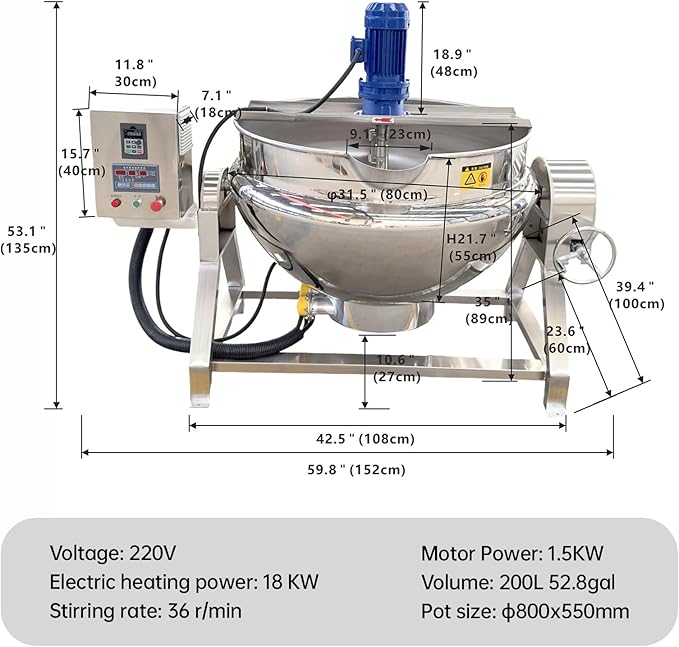 Kolice Commercial Electric Jacketed Cooking Kettle Machine with Mixer, Automatic Tiltable Pot for Soup/Chilli Sauce/Jams, 200L 52.8Gallon Capacity, 304 Stainless Steel, 220v 3-Phase 60hz