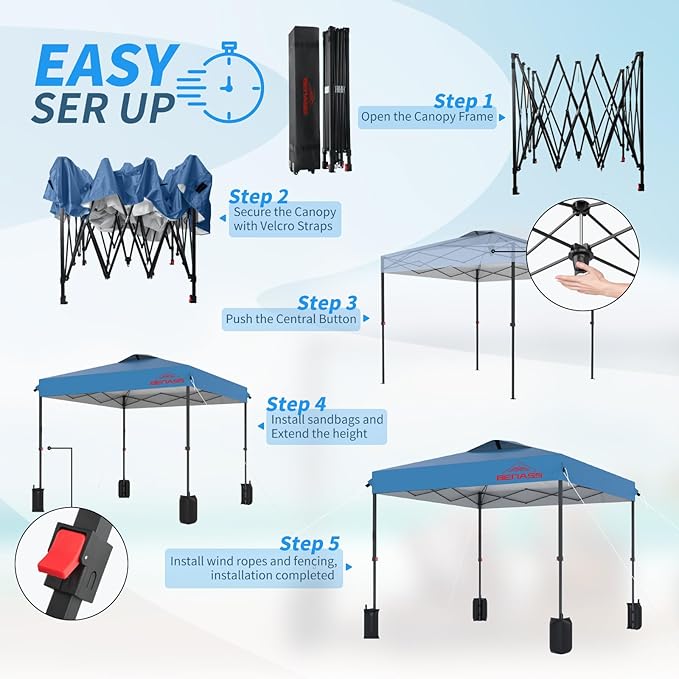 8x8 Pop Up Canopy, Easy Up Canopy Tent, Heavy Duty Tents for Parties, One Person Set Up Event Tent, Light Blue