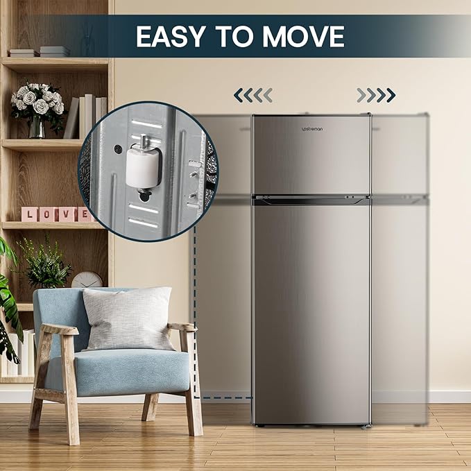 Upstreman 7.7 Cu.Ft. Refrigerator with Freezer, Double Door, Adjustable Thermostat, Large Capacity, Reversible Door Swing, Refrigerator for Apartment, Office, Dorm, Stainless (BD75)