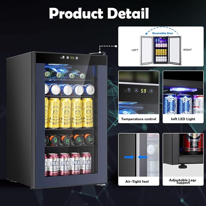 COWSAR Mini Fridge Cooler, 95 Can Beverage Refrigerator with Glass Door, ETL Approved Wine Fridge with Digital Temperature Control, LED Light for Home, Office, Bar, and Game Room - 2.6 Cu.Ft. Black