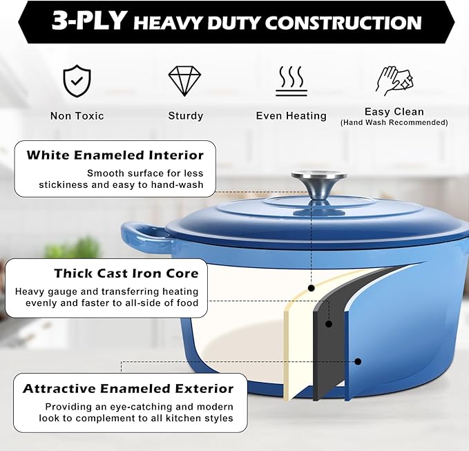 TeamFar 5Qt Dutch Oven, Enameled Cast Iron Dutch Oven with Lid & Dual Handles for Cooking Baking Braising Simmering, Healthy & Sturdy, Oven & Various Stovetops Safe, Non-stick & Easy Clean - Blue