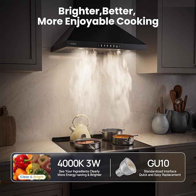 Wall Mount 30 Inch Range Hood 900 CFM, Ductless/Ducted Convertible, 3-speed Gesture Sensing & Touch Control, Black Painted Stainless Steel Kitchen Vent Hood with Permanent Baffle Filters